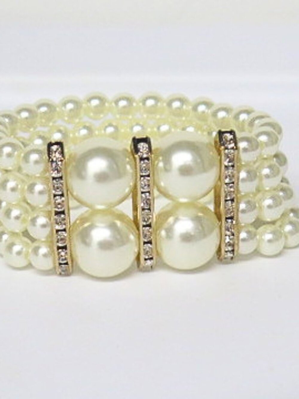 Estate Faux Pearl 3 Strand Stretch Bracelet Gold Tone Rhinestone Statement